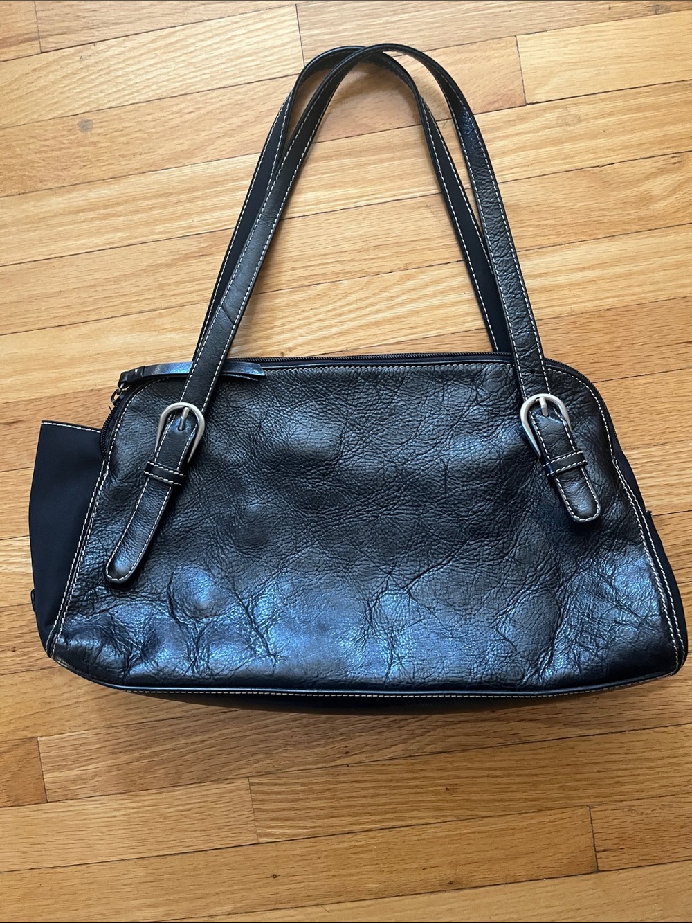 Franco Sarto Black Leather Shoulder Bag with Silver-Tone Buckles